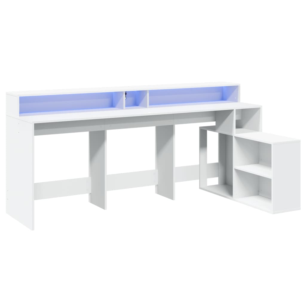 Skrivebord med LED-lys hvit 200x104x91 cm konstruert tre