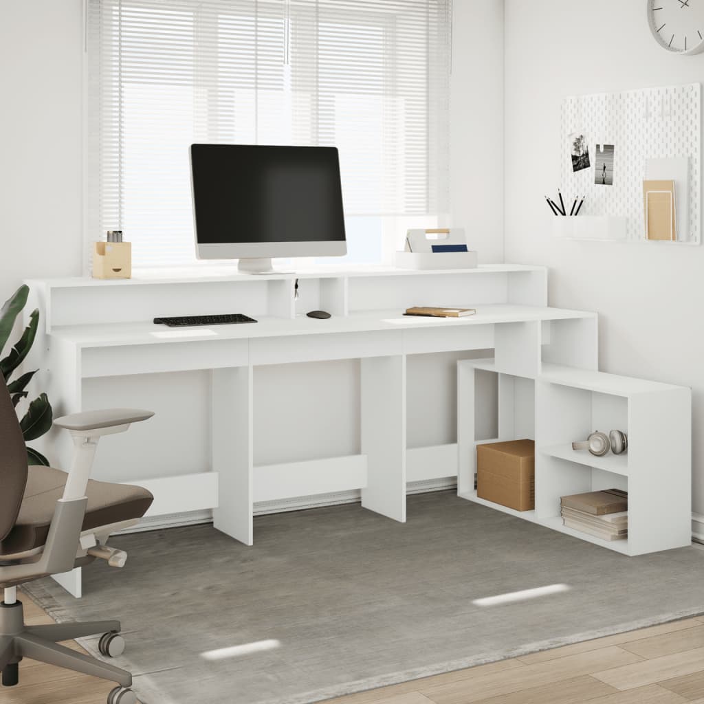 Skrivebord med LED-lys hvit 200x104x91 cm konstruert tre