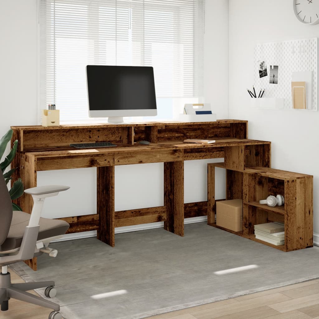 Skrivebord med LED-lys gammelt tre 200x104x91 cm konstruert tre