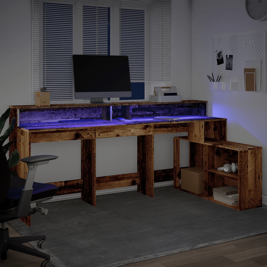 Skrivebord med LED-lys gammelt tre 200x104x91 cm konstruert tre