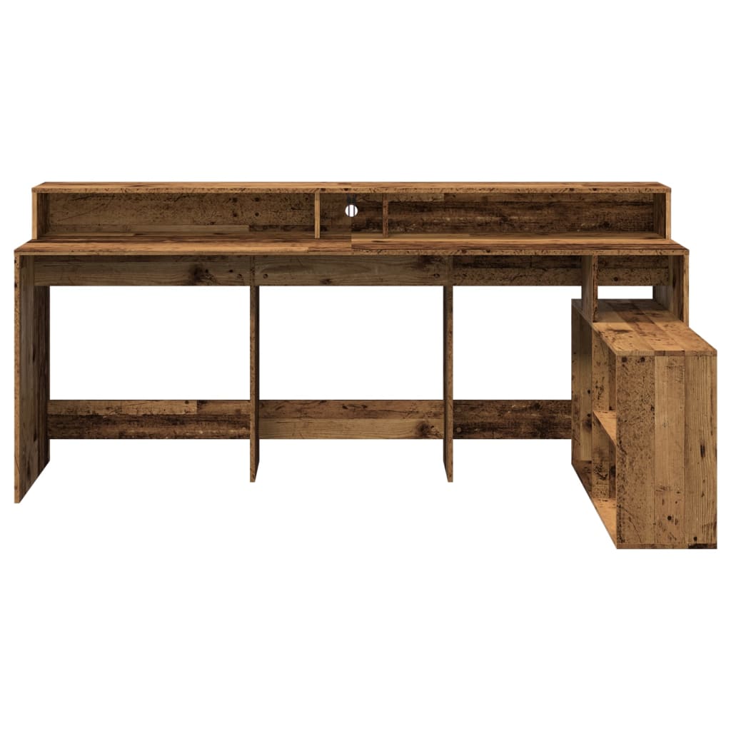 Skrivebord med LED-lys gammelt tre 200x104x91 cm konstruert tre