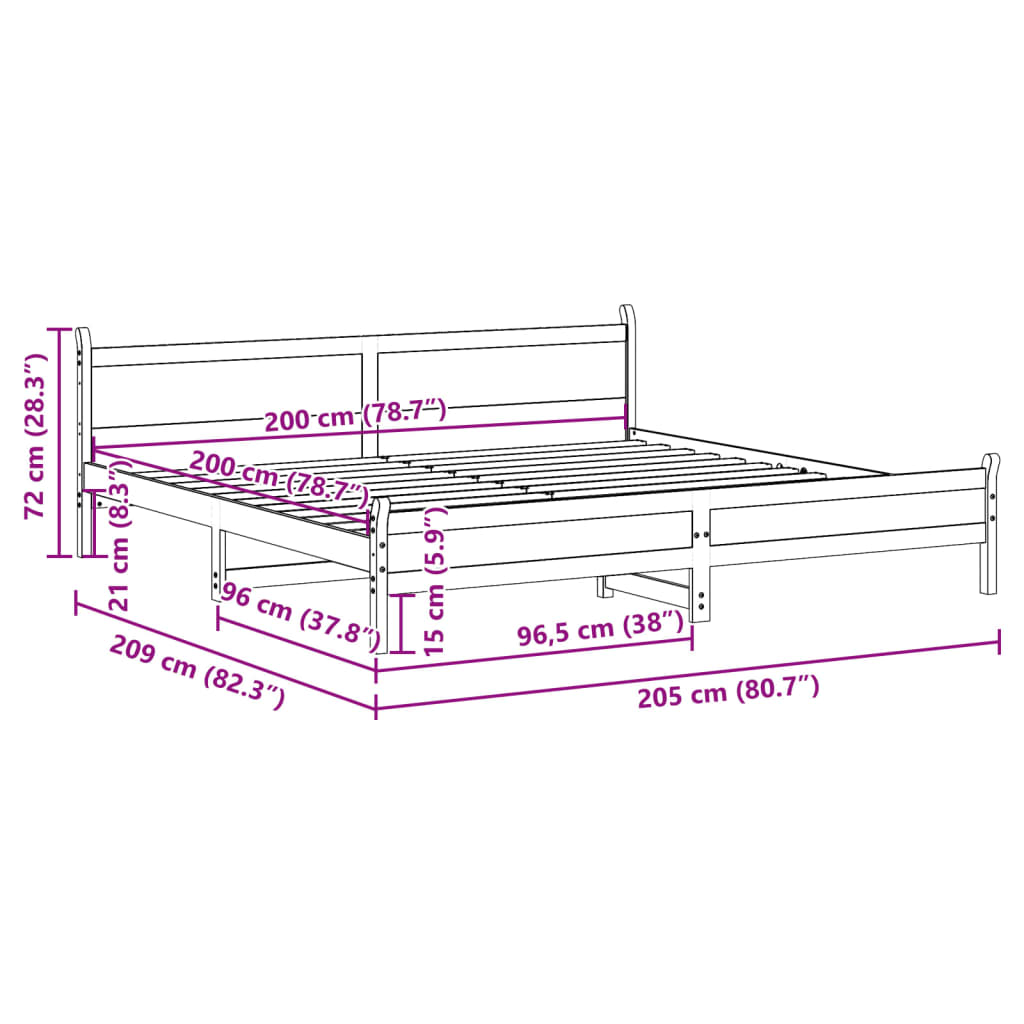 Sengeramme uten madrass voksbrun 200x200 cm heltre furu