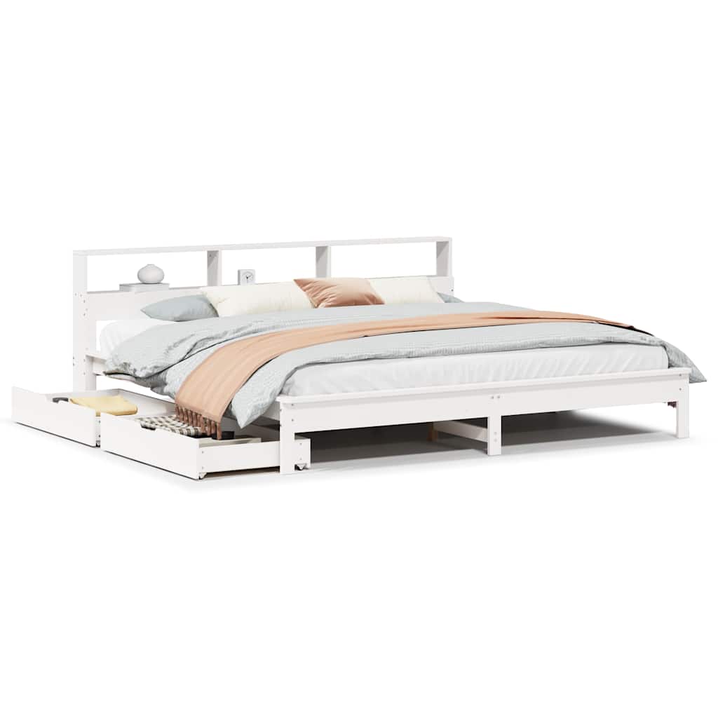 Seng med bokhylle uten madrass hvit 200x200 cm heltre furu