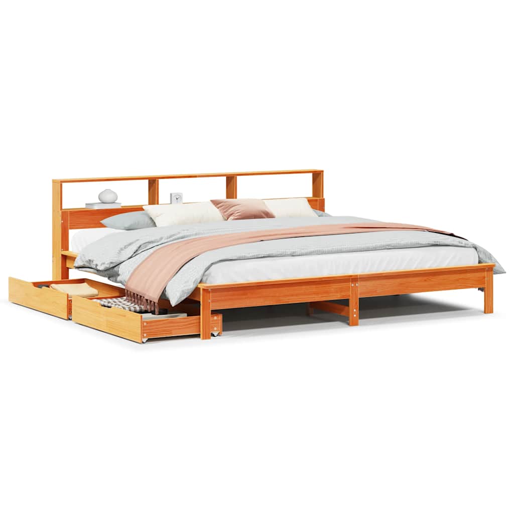 Seng med bokhylle uten madrass voksbrun 180x200 cm heltre furu