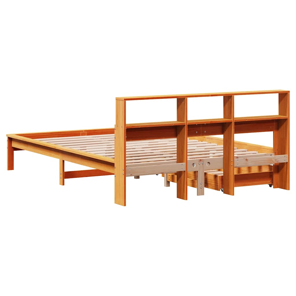 Seng med bokhylle uten madrass voksbrun 160x200 cm heltre furu