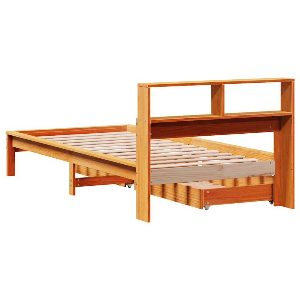 Seng med bokhylle uten madrass voksbrun 90x200 cm heltre furu