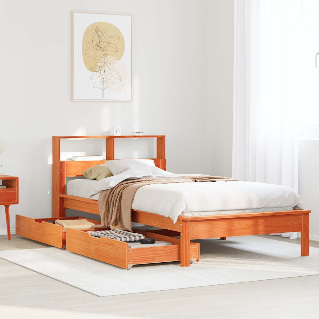 Seng med bokhylle uten madrass voksbrun 90x200 cm heltre furu