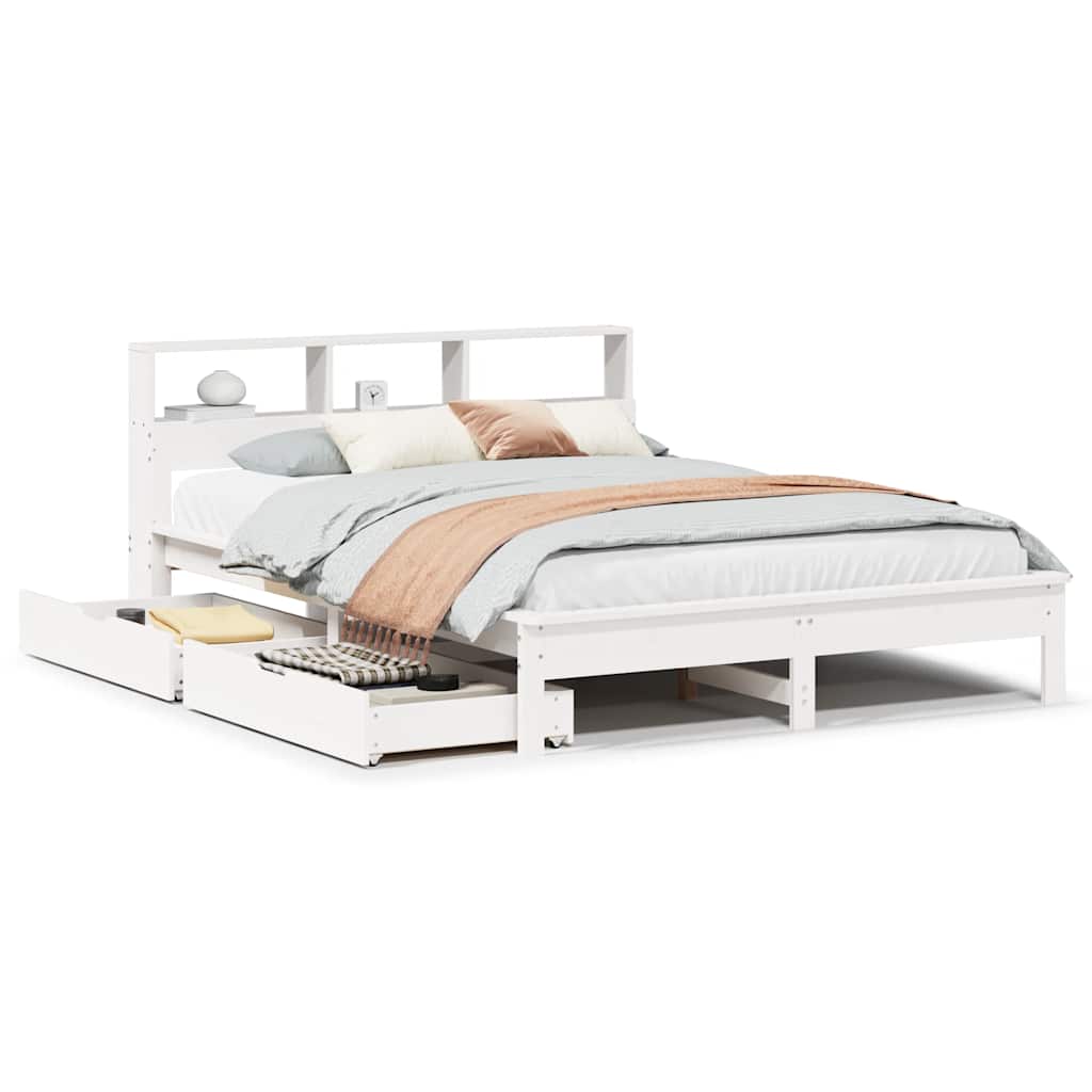 Seng med bokhylle uten madrass hvit 140x190 cm heltre furu