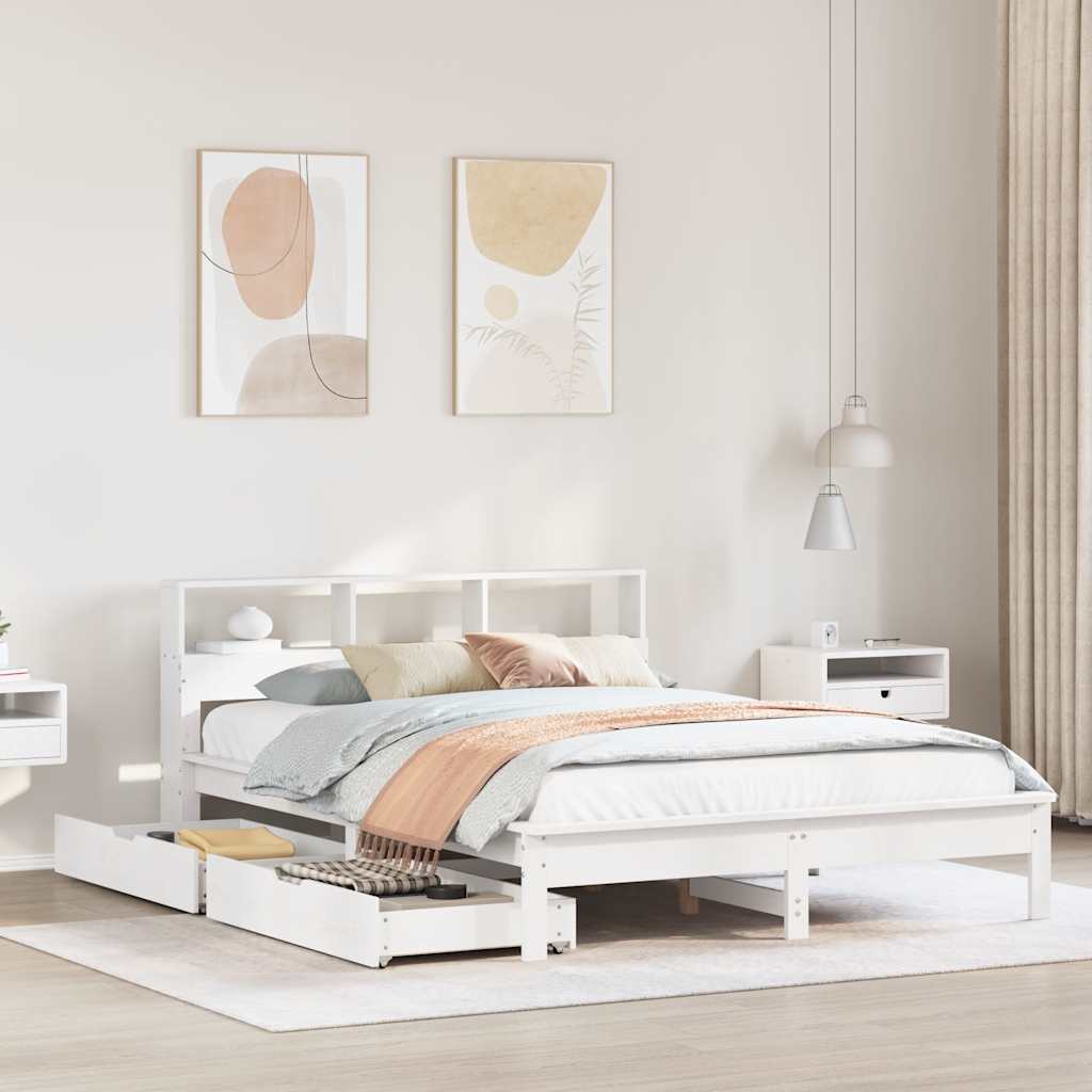 Seng med bokhylle uten madrass hvit 135x190 cm heltre furu