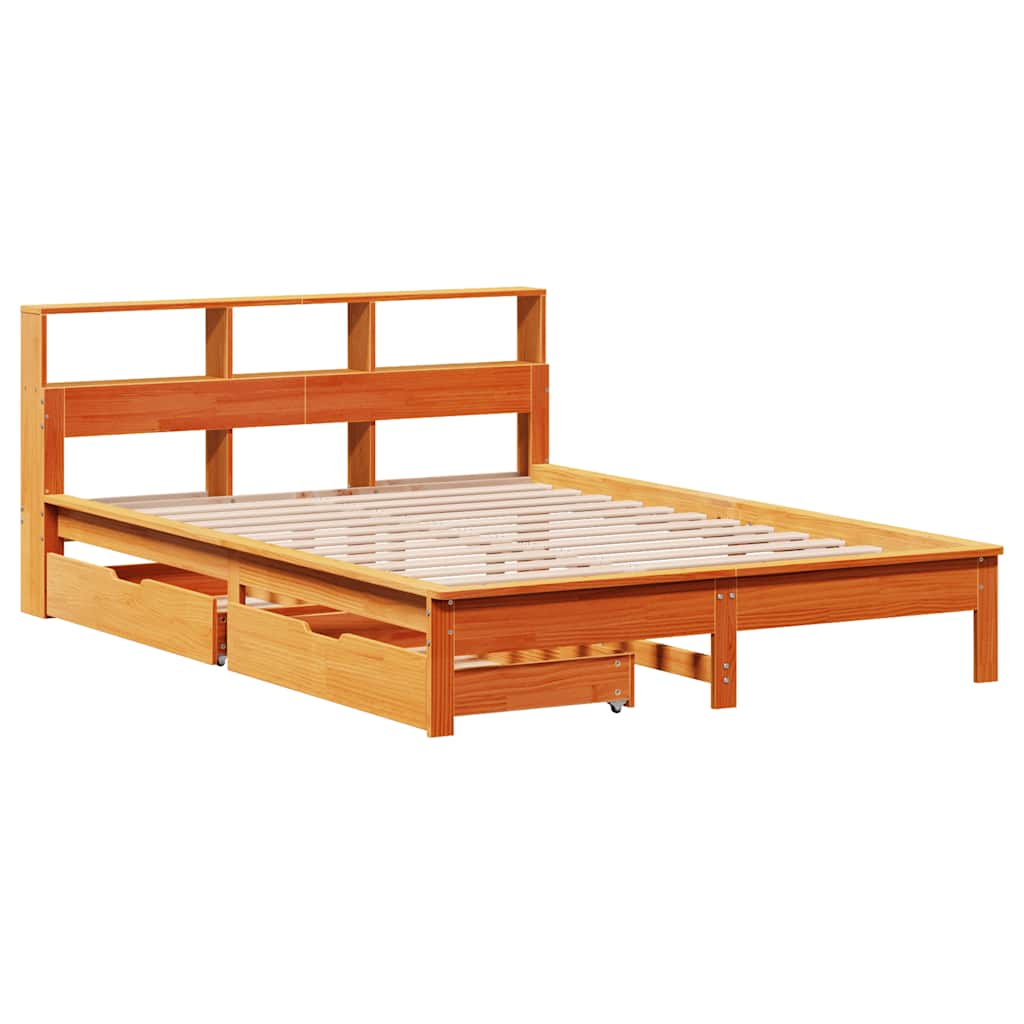 Seng med bokhylle uten madrass voksbrun 120x190 cm heltre furu