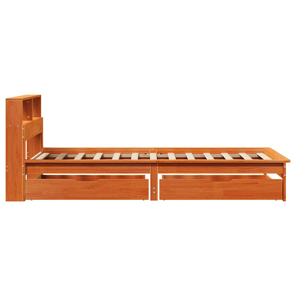 Seng med bokhylle uten madrass voksbrun 75x190 cm heltre furu