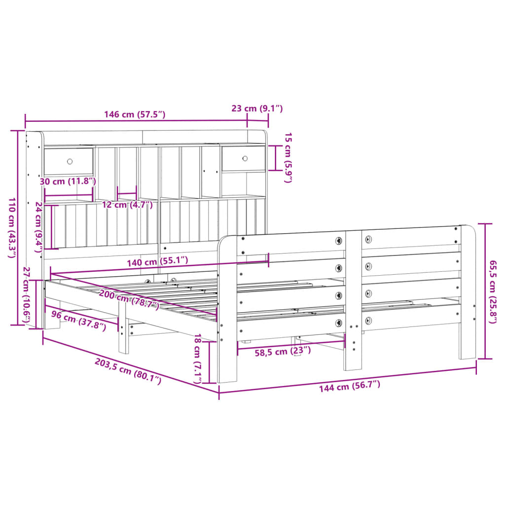 Seng med bokhylle uten madrass voksbrun 140x200 cm heltre furu