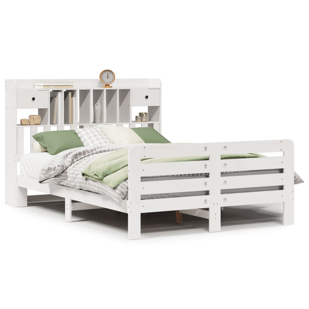 Seng med bokhylle uten madrass hvit 150x200 cm heltre furu