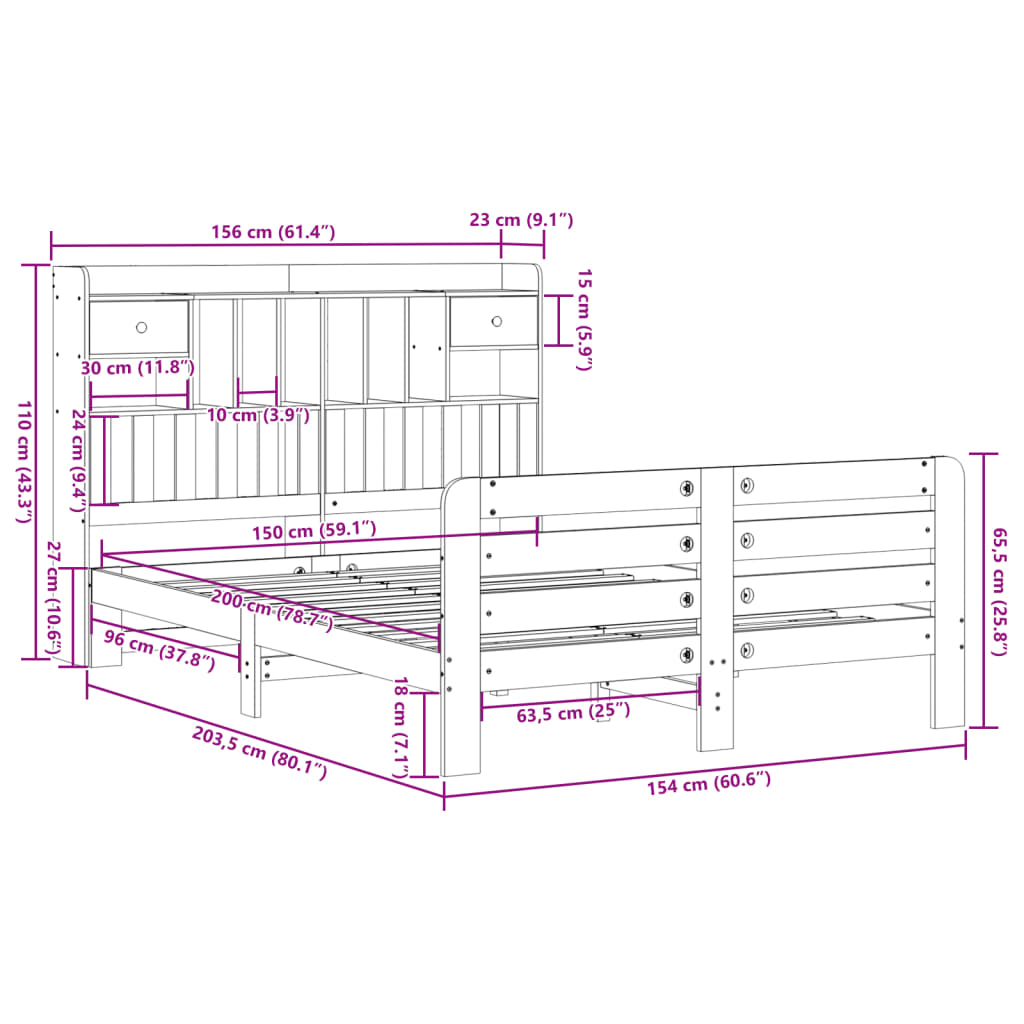 Seng med bokhylle uten madrass voksbrun 150x200 cm heltre furu vidaXL