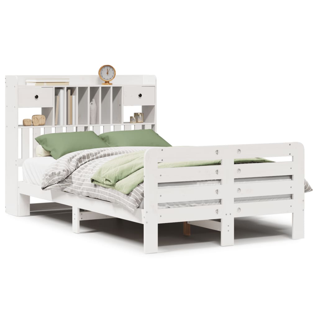 Seng med bokhylle uten madrass hvit 135x190 cm heltre furu