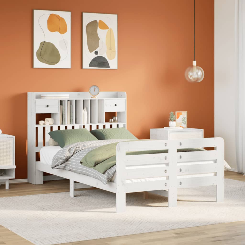 Seng med bokhylle uten madrass hvit 135x190 cm heltre furu