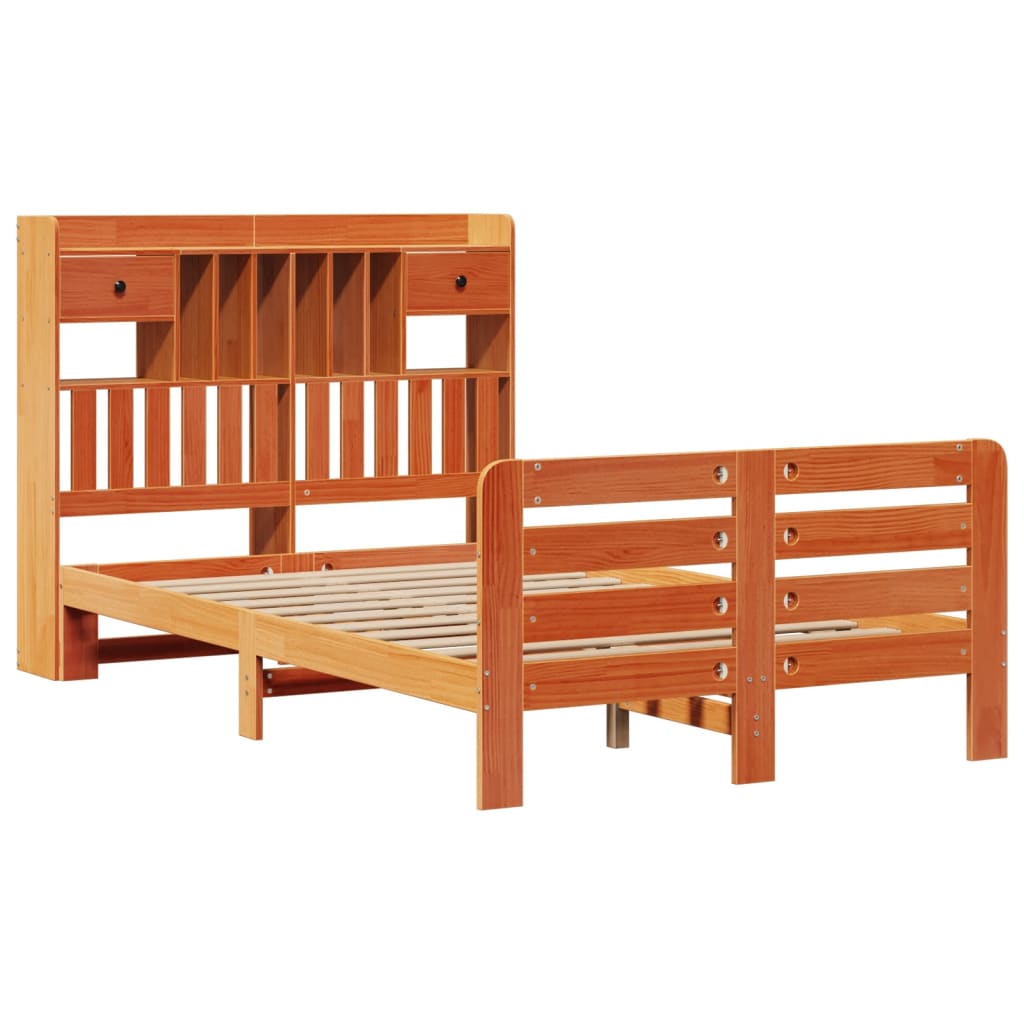 Seng med bokhylle uten madrass voksbrun 135x190 cm heltre furu