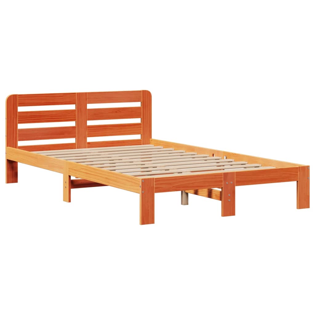 Seng med bokhylle uten madrass voksbrun 135x190 cm heltre furu