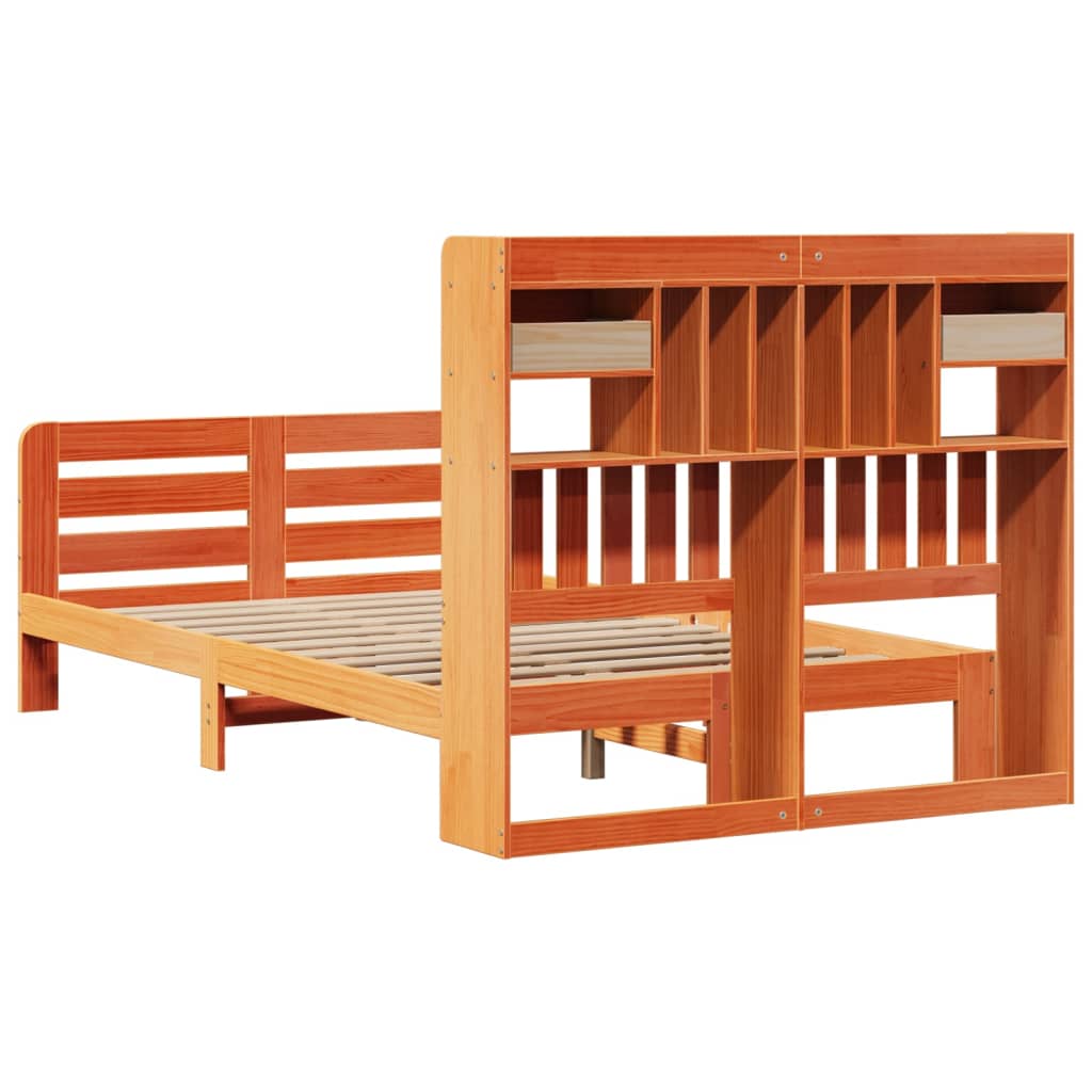 Seng med bokhylle uten madrass voksbrun 135x190 cm heltre furu