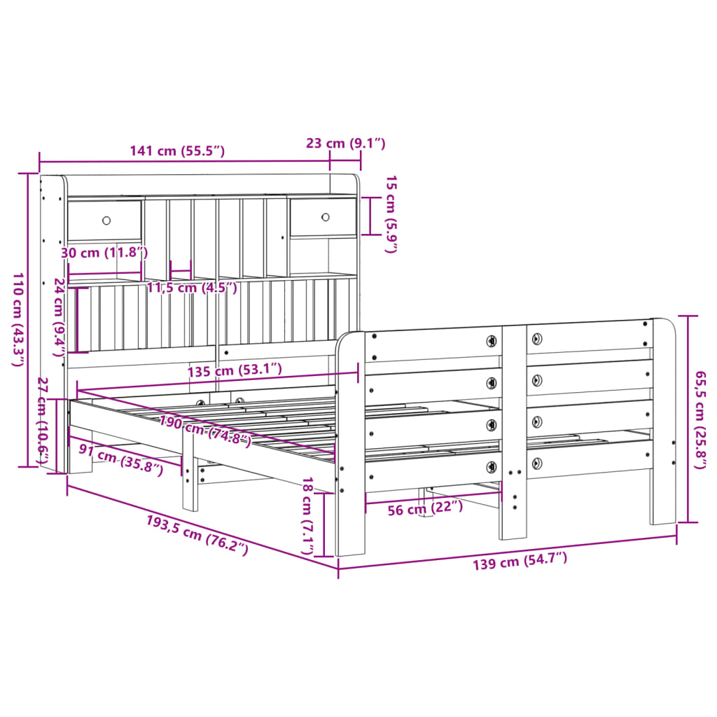 Seng med bokhylle uten madrass voksbrun 135x190 cm heltre furu