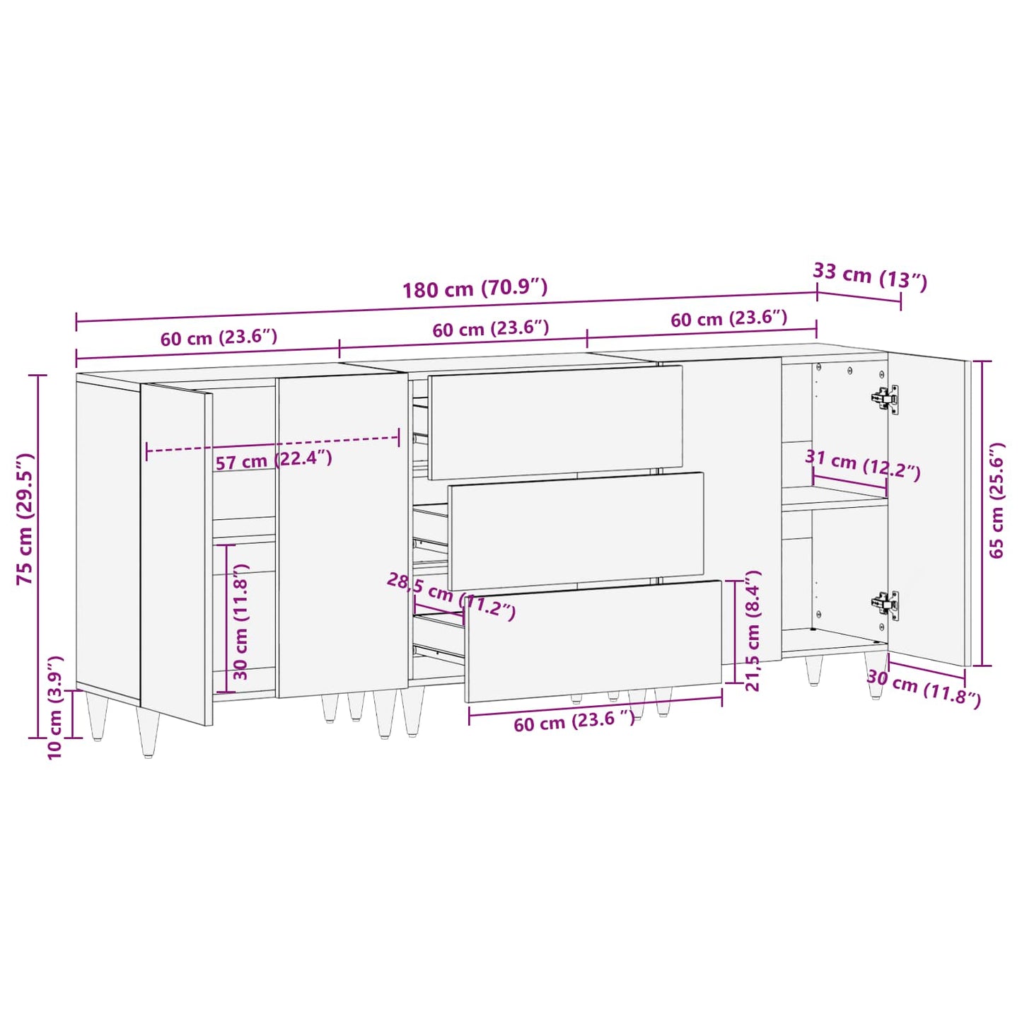 Oppbevaringsskap 3 stk. 180 x 33 x 75 cm Massiv mango tre