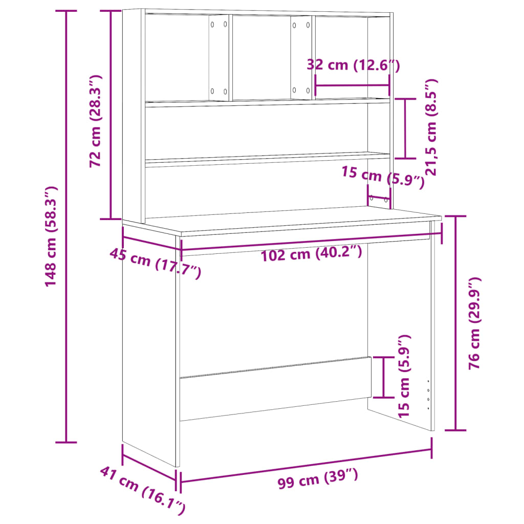 Skrivebord med hyller artisan eik 102x45x148 cm konstruert tre