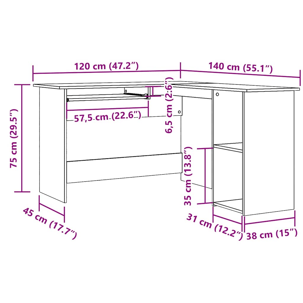 Hjørnepult artisan eik 120x140x75 cm konstruert tre
