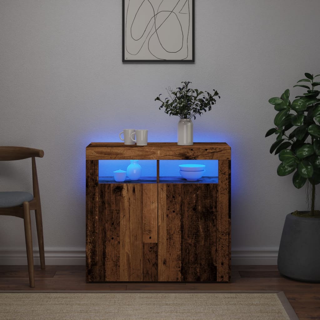 Skjenk med LED-lys gammelt tre 80x35x75 cm konstruert tre