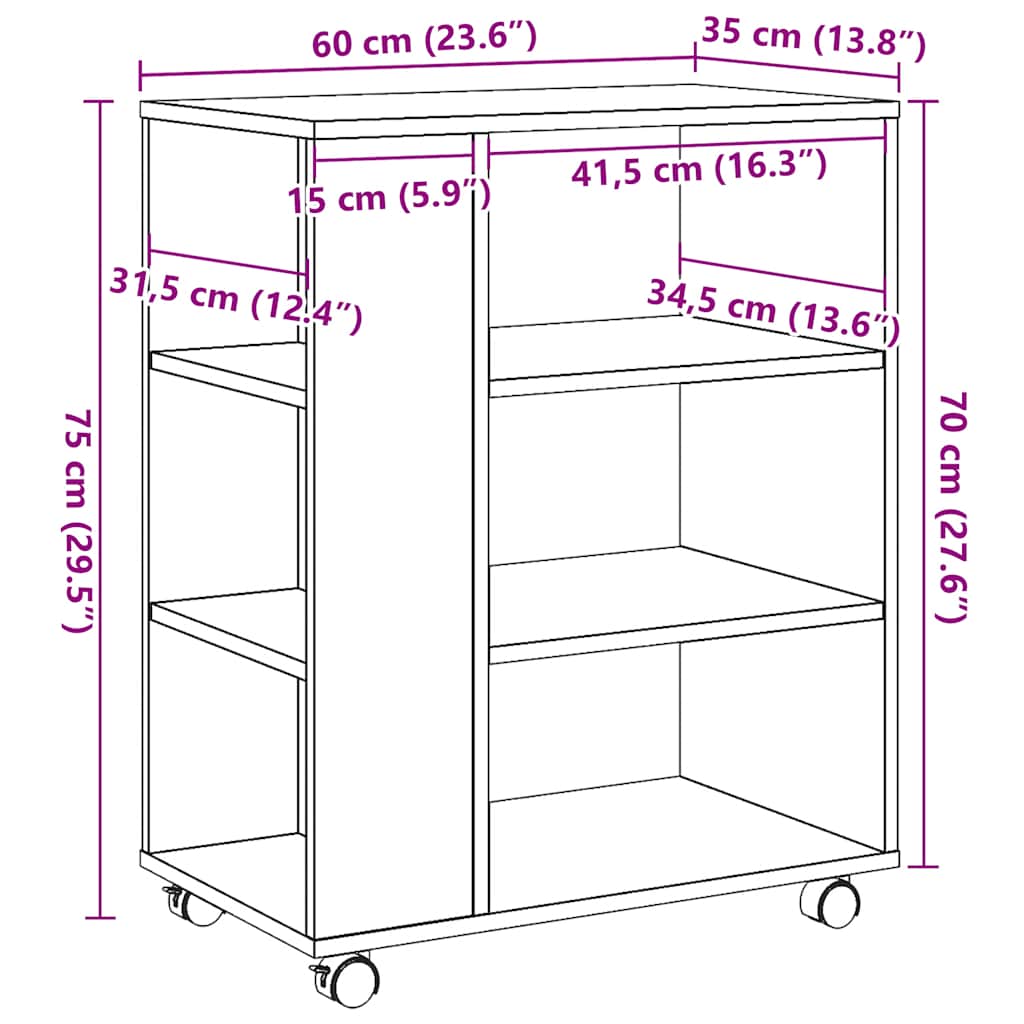 Rulleskap gammelt tre 60x35x75 cm konstruert tre