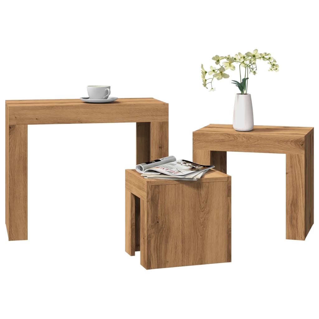 Stablebare salongbord 3 stk artisan eik konstruert tre