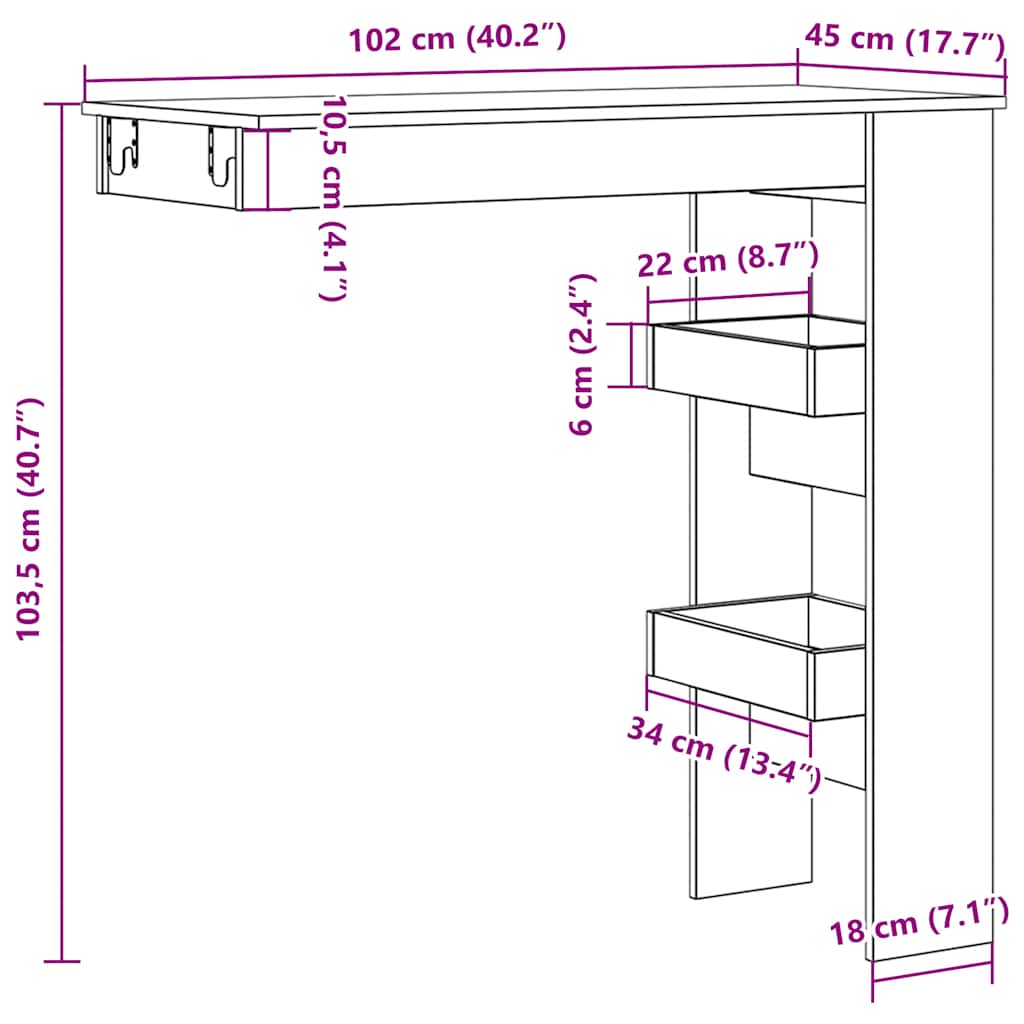 Veggmontert barbord artisan eik 102x45x103,5 cm konstruert tre