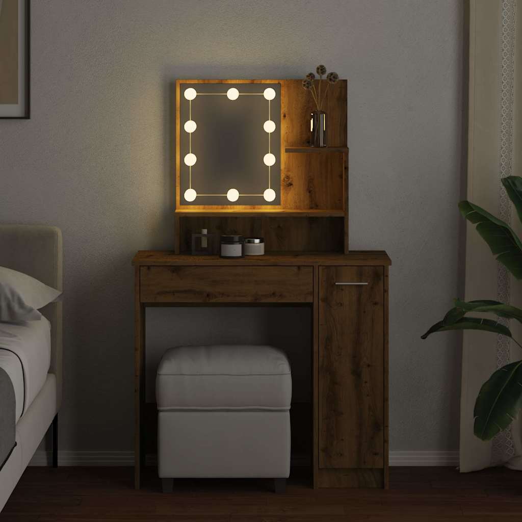 Sminkebord med LED artisan eik 86,5x35x136 cm