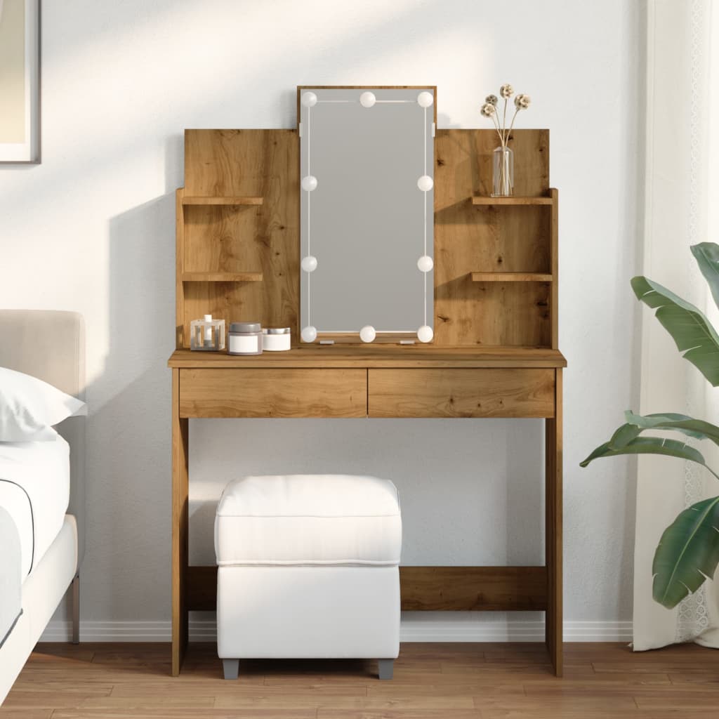 Sminkebord med LED artisan eik 96x40x142 cm