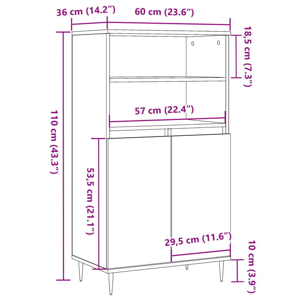 Highboard gammelt tre 60x36x110 cm konstruert tre