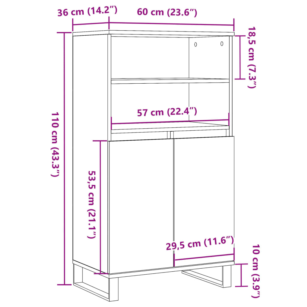 Highboard gammelt tre 60x36x110 cm konstruert tre
