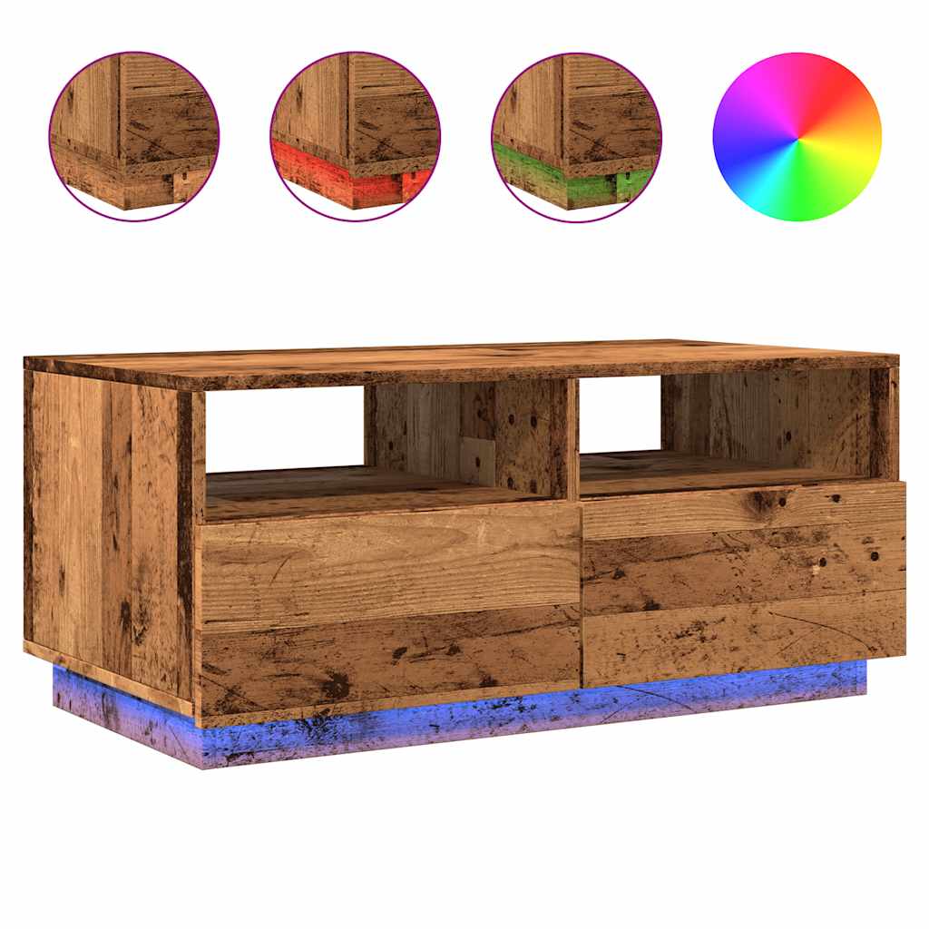 Salongbord med LED-lys gammelt tre 90x49x40 cm