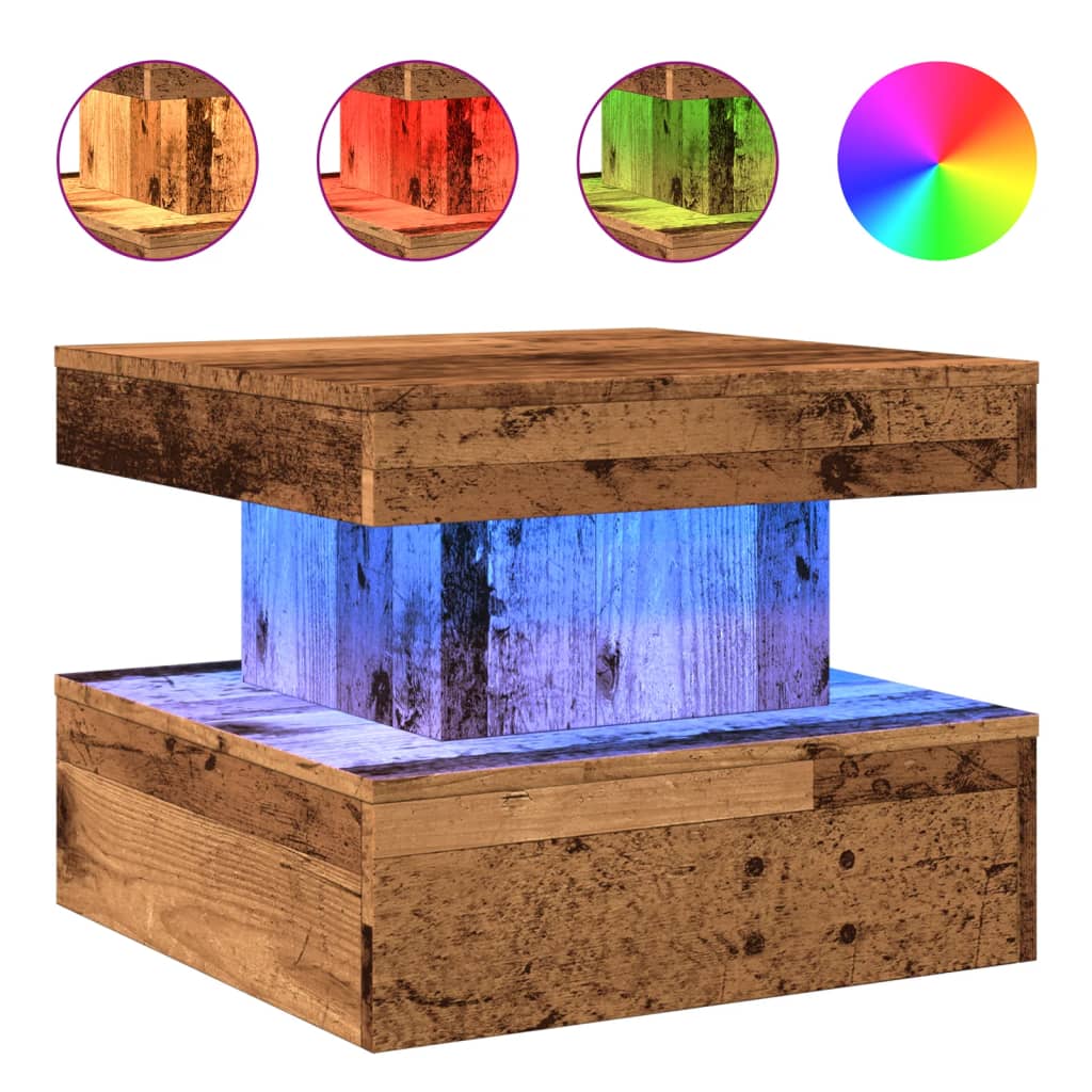 Salongbord med LED-lys gammelt tre 50x50x40 cm
