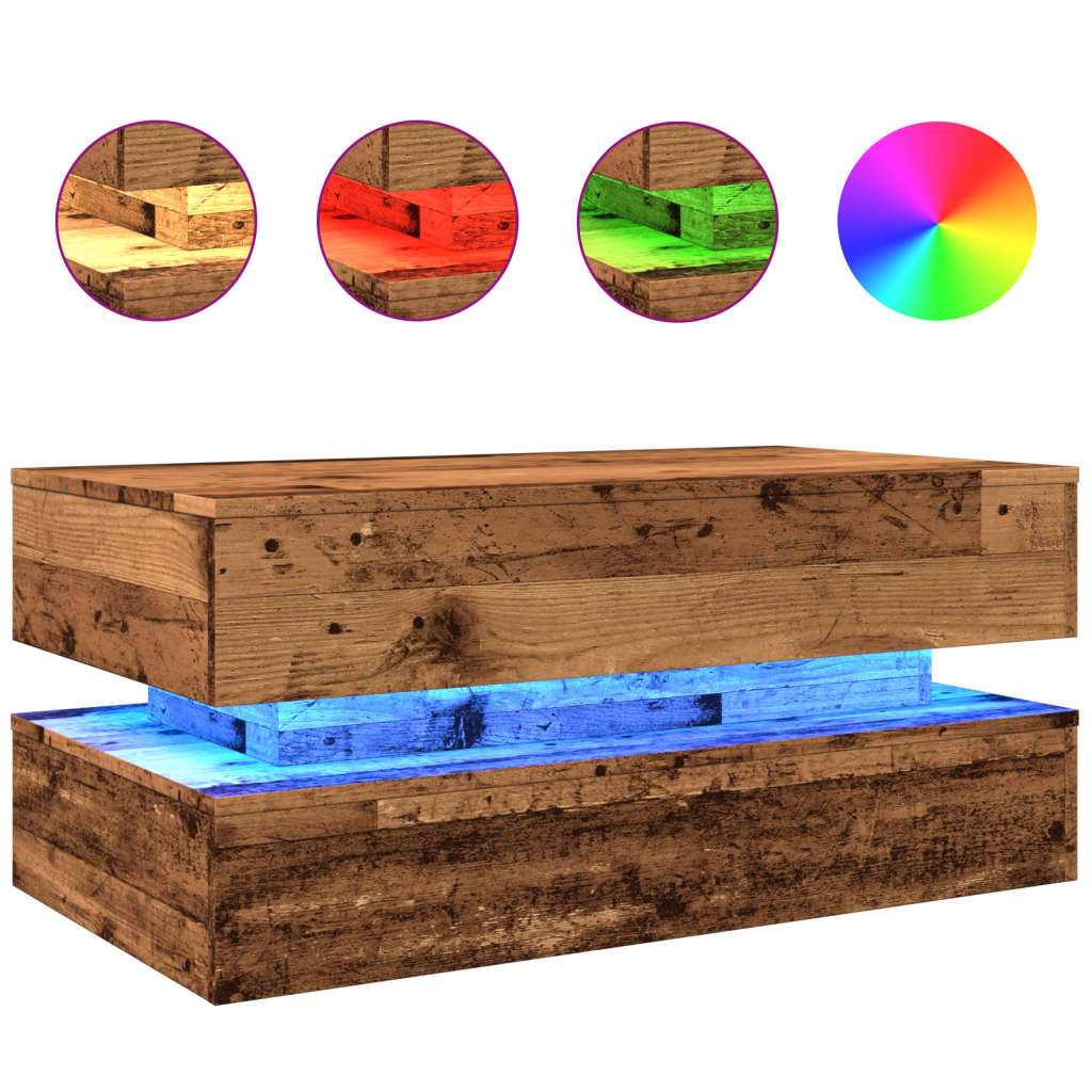 Salongbord med LED-lys gammelt tre 90x50x40 cm
