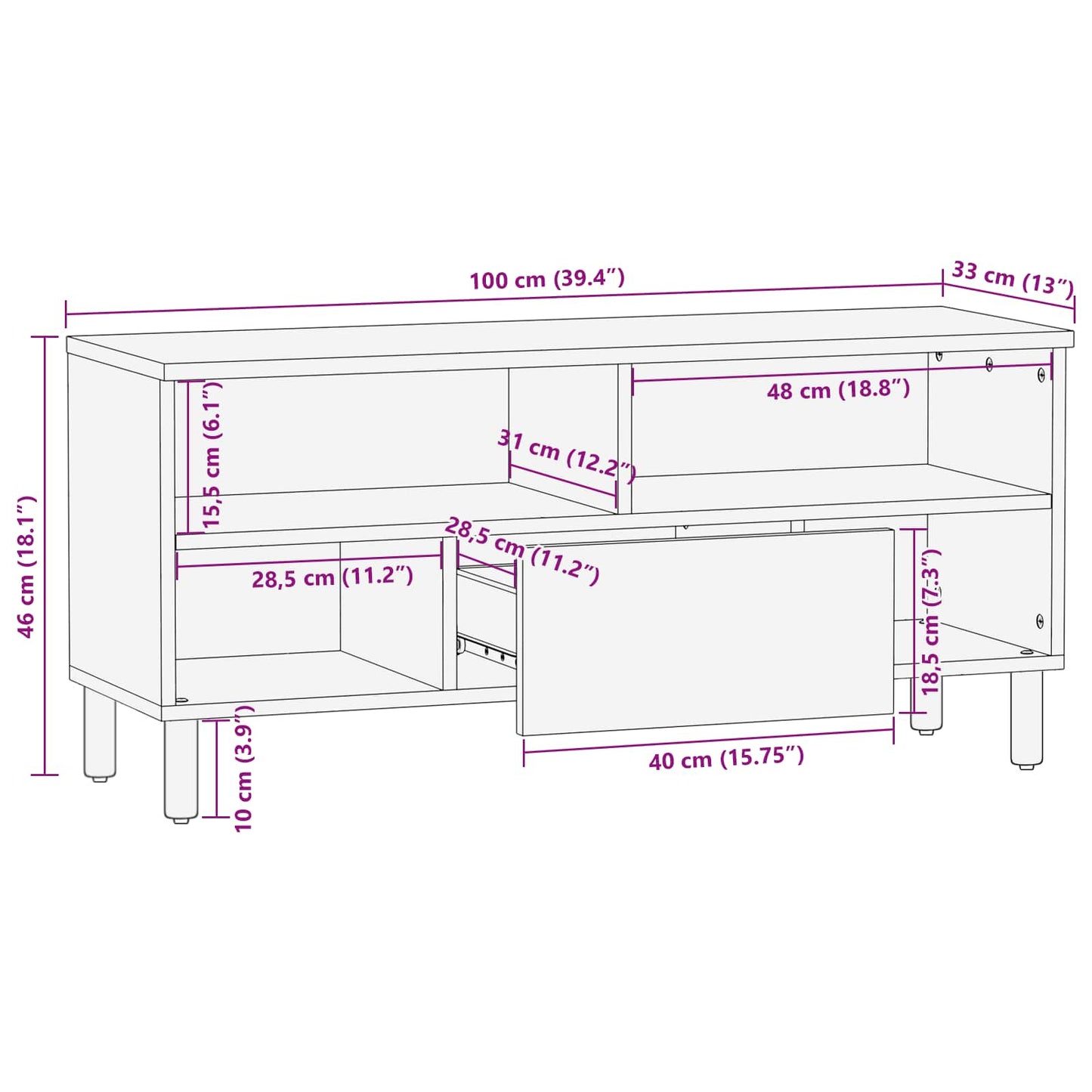 TV-skap Hvit Vask Finish 100 x 33 x 46 cm Massiv mango tre