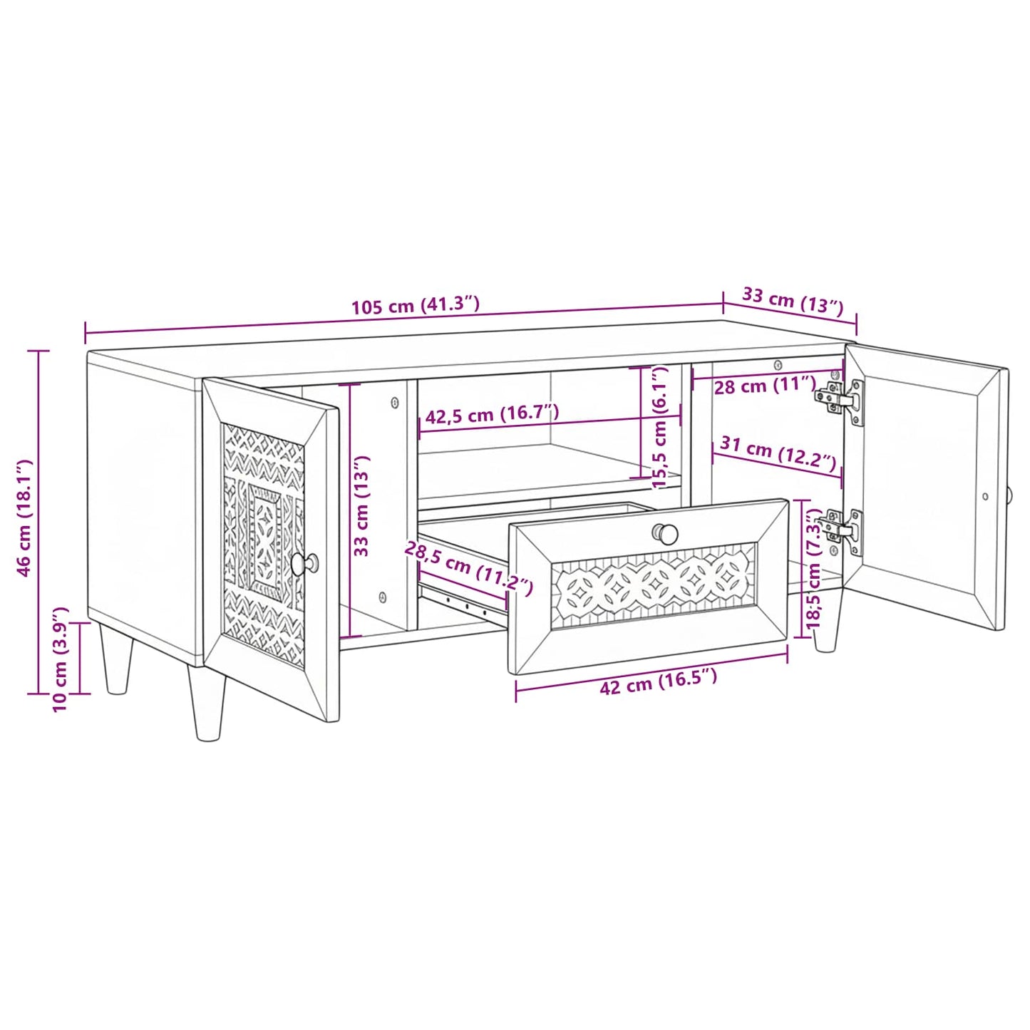TV Enheter med skuff Hvit 105 x 33 x 46 cm Konstruert tre