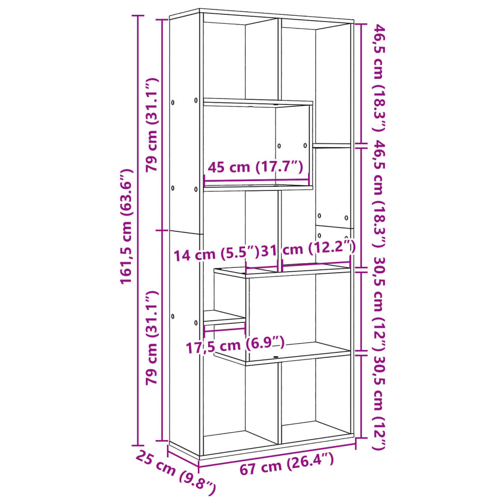Romdeler bokhylle sonoma eik 67x25x161,5 cm konstruert tre