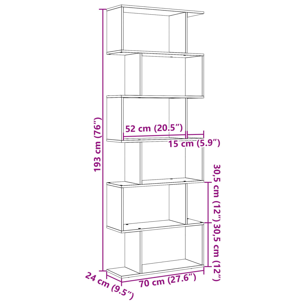 Romdeler bokhylle 6 lag sonoma eik 70x24x193 cm konstruert tre