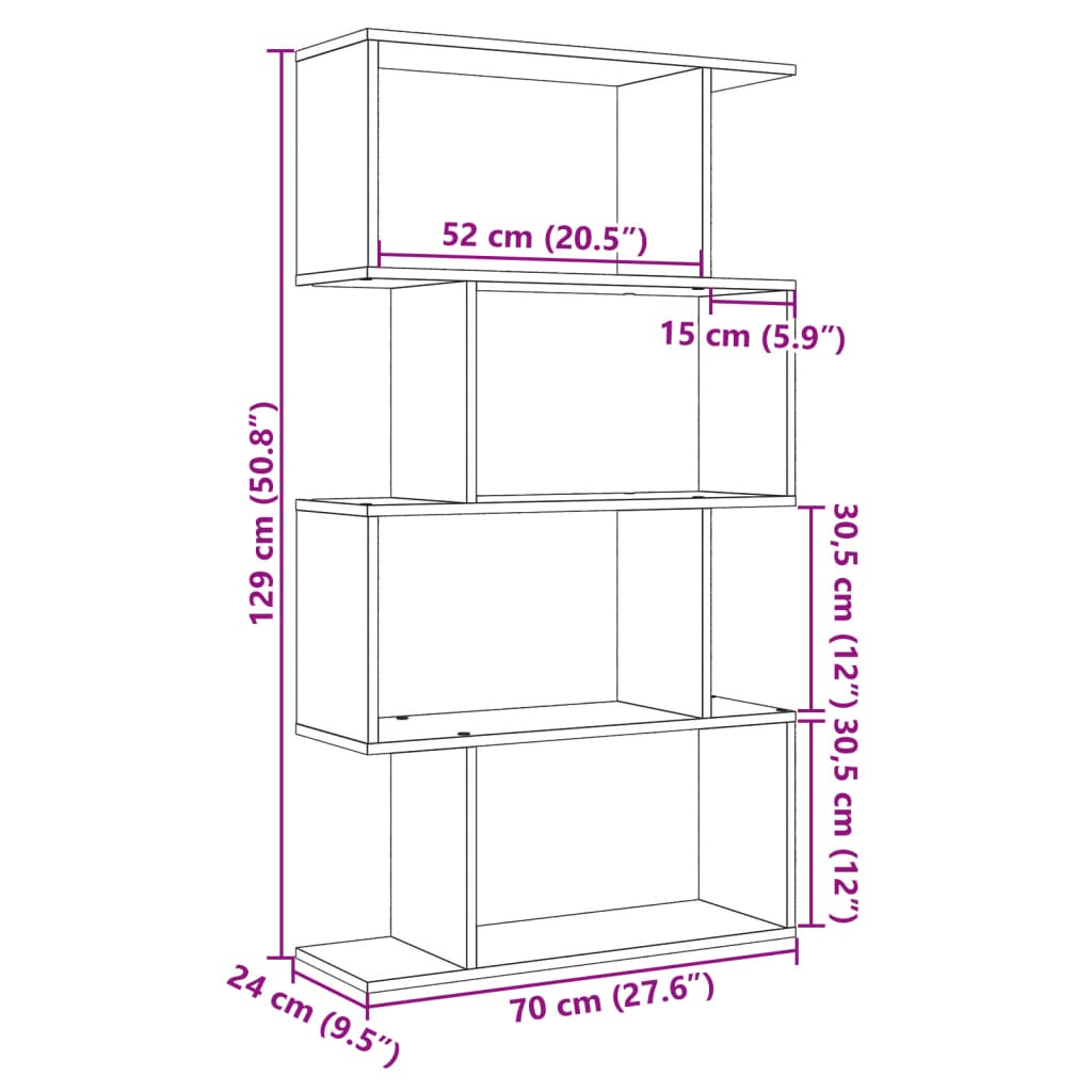 Romdeler bokhylle 4-etasjers hvit 70x24x129 cm konstruert tre