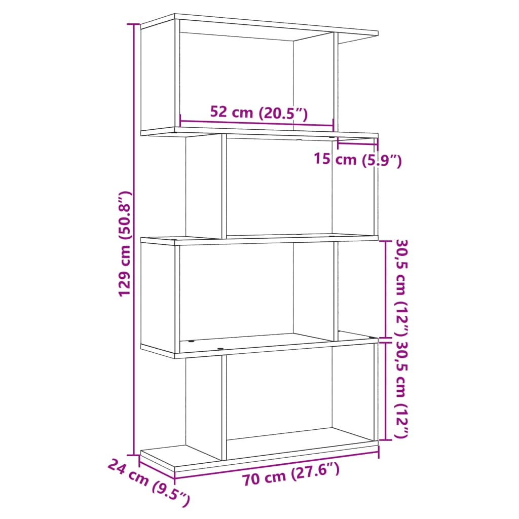 Romdeler bokhylle 4 lag betonggrå 70x24x129 cm konstruert tre