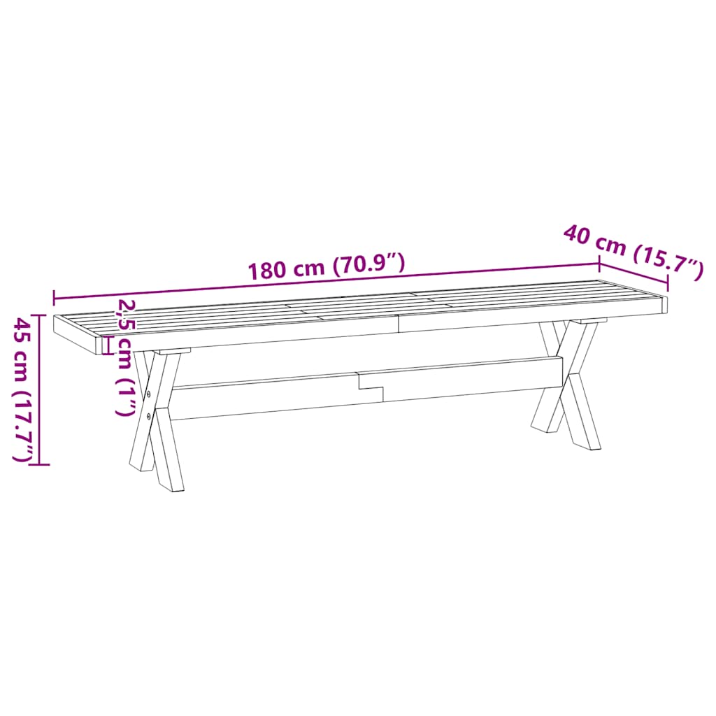 Spisebenk NOAIN X-formede ben 180x40x45 cm heltre furu