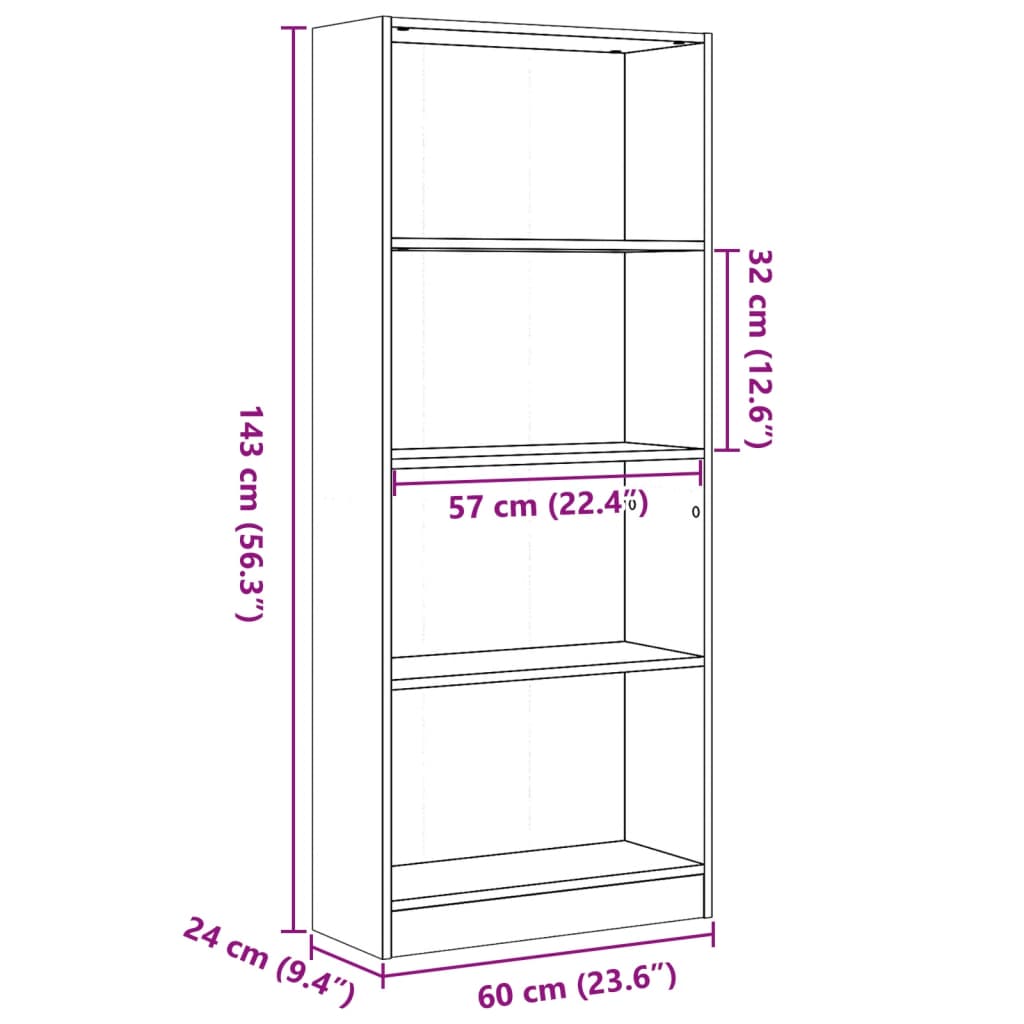 Bokhylle sonoma eik 60x24x143 cm konstruert tre