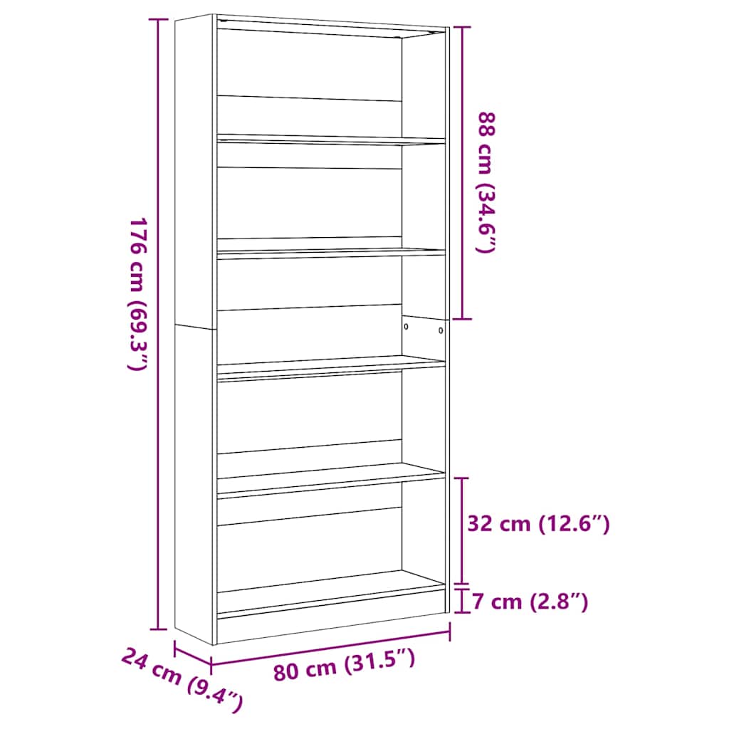 Bokhylle gammelt tre 80x24x176 cm konstruert tre
