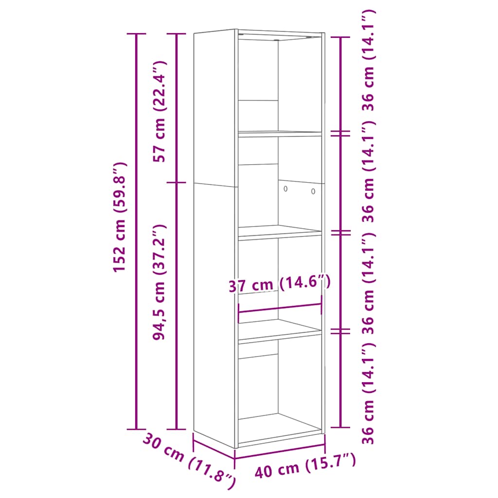 Bokhylle hvit 40x30x152 cm konstruert tre