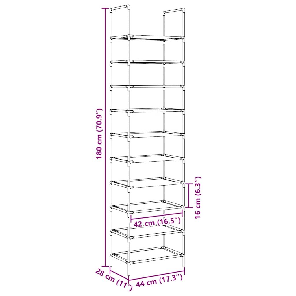 Skostativ 10-lags svart 44x28x180 cm ikke-vevd stoff