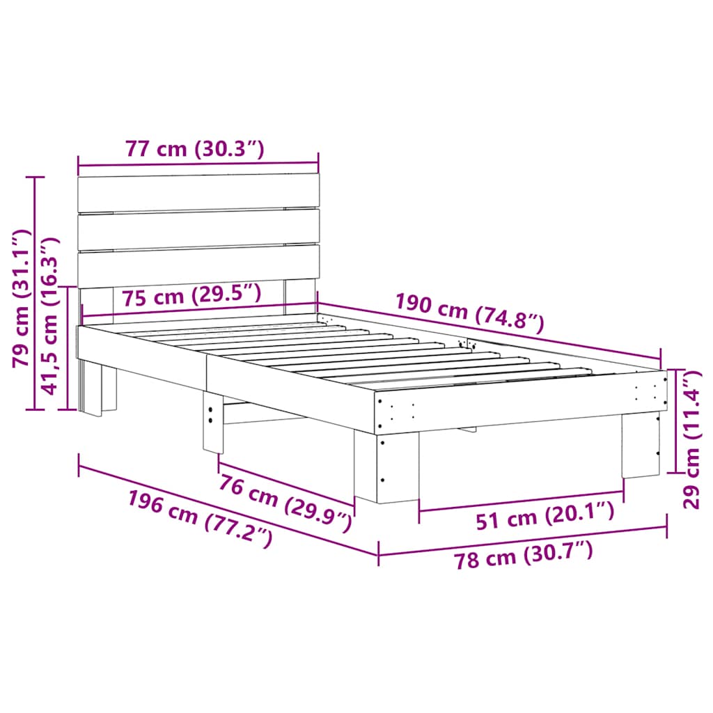 Sengeramme med sengegavl uten madrass 75x190 cm Heltre Eik